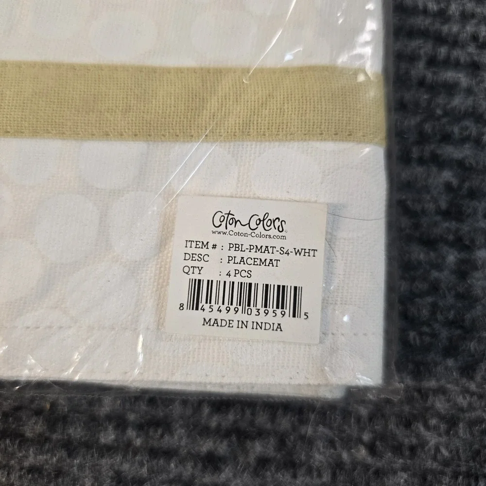 Coton Colors Set of 4 White Dot Cotton Placemats Beige Border 14x20 New Sealed